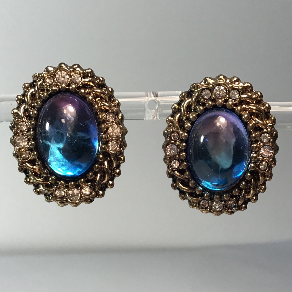 Earrings Striking Blue Faux Stone Surrounded By Rhinestones